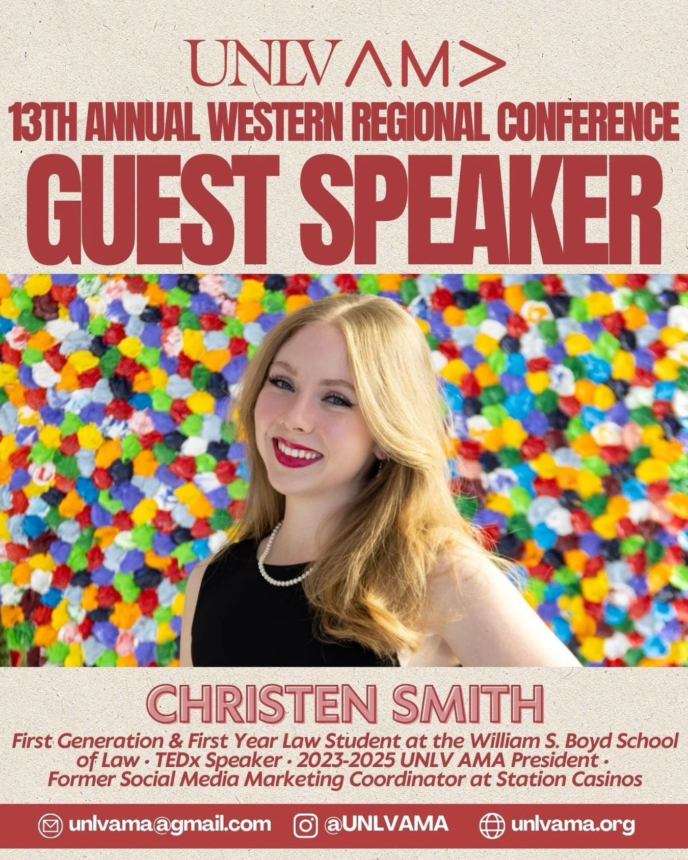 Christen Smith will be joining the UNLV AMA Western Regional Conference as a guest speaker! 🎤🎉

As former UNLV AMA President and the 2024 AMA Student Marketer of the Year, Christen brings a strong background in marketing and business. She previousl