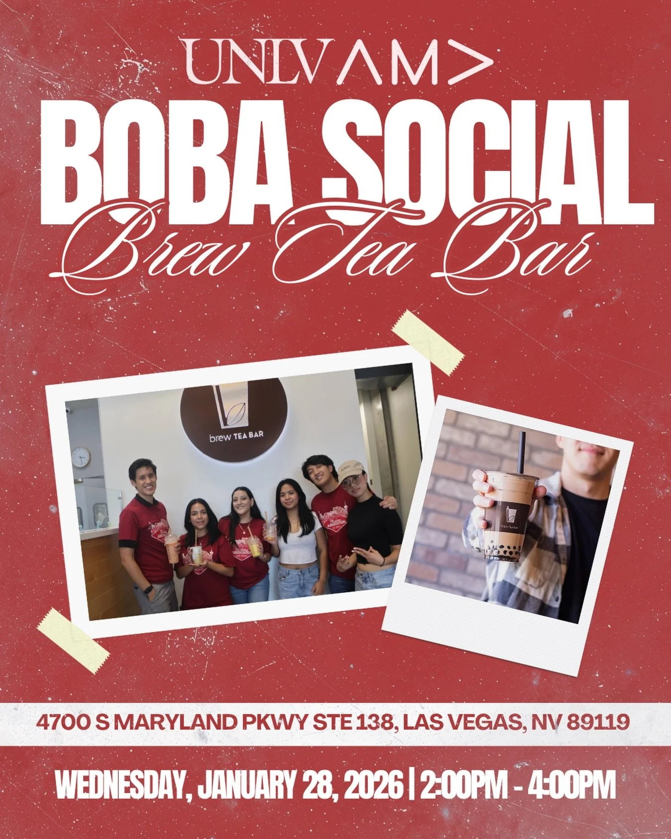 🧋 UNLV AMA tradition is BACK 🧋

Catch us at the Involvement Fair on Jan 28, come say hi at our booth, then keep the vibes going at our Boba Social!

📍 Brew Tea Bar (Maryland Pkwy)
⏰ 2&ndash;4 PM

New faces, good convos, and lots of boba&mdash;don&