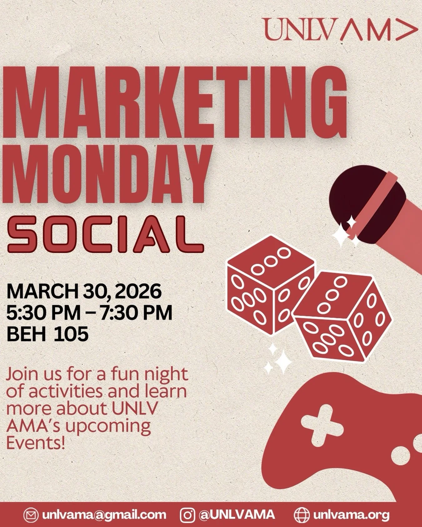 Take some time to destress and have fun with our Marketing Monday Social event! 🙌

Learn more about upcoming AMA events and tours while enjoying some fun activities and games! 🎲🎮

We hope to see you there!

#unlvama #amasocial #marketing