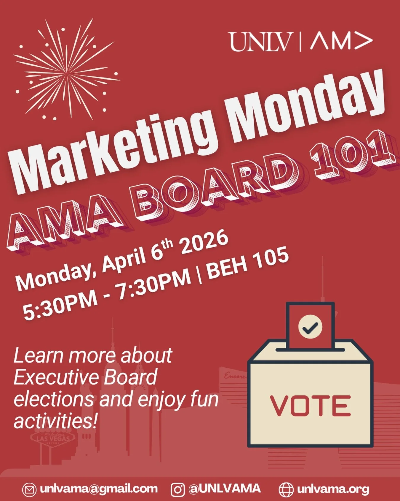 Want to be more involved with UNLV AMA and learn what it takes to be a leader? Then join our upcoming AMA Board 101!✨

🗓️: Monday, April 6th 2026
🕔: 5:30 PM - 7:30 PM
📍: BEH 105

Learn more about the upcoming UNLV AMA board elections while enjoyin