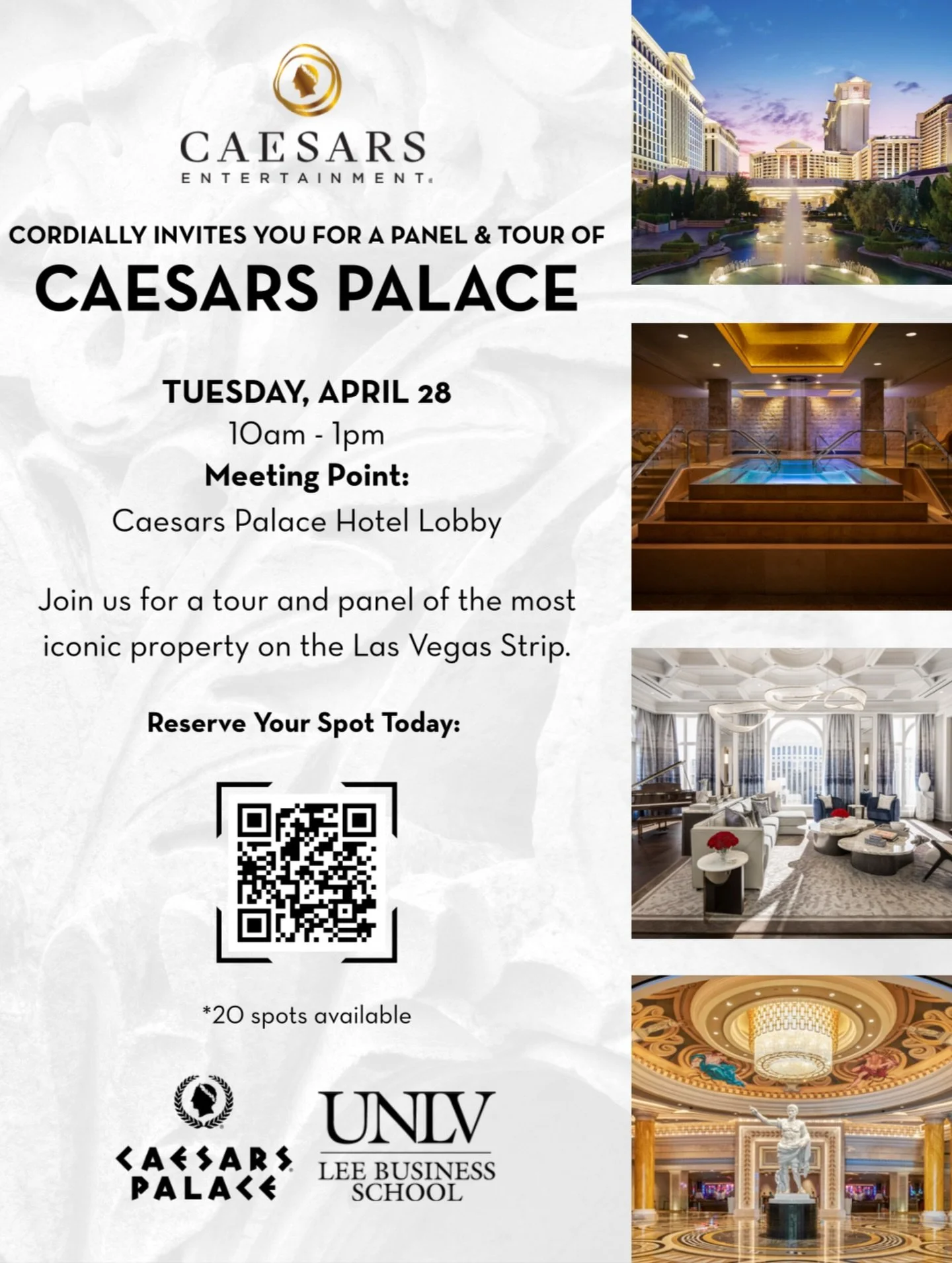 Want to learn more about one of the most iconic hotels in Las Vegas? Then join us on UNLV Lee Business School&rsquo;s trip of Ceaser&rsquo;s Palace! 🎉

Explore the luxurious property, network with industry professionals, and learn why Ceaser&rsquo;s
