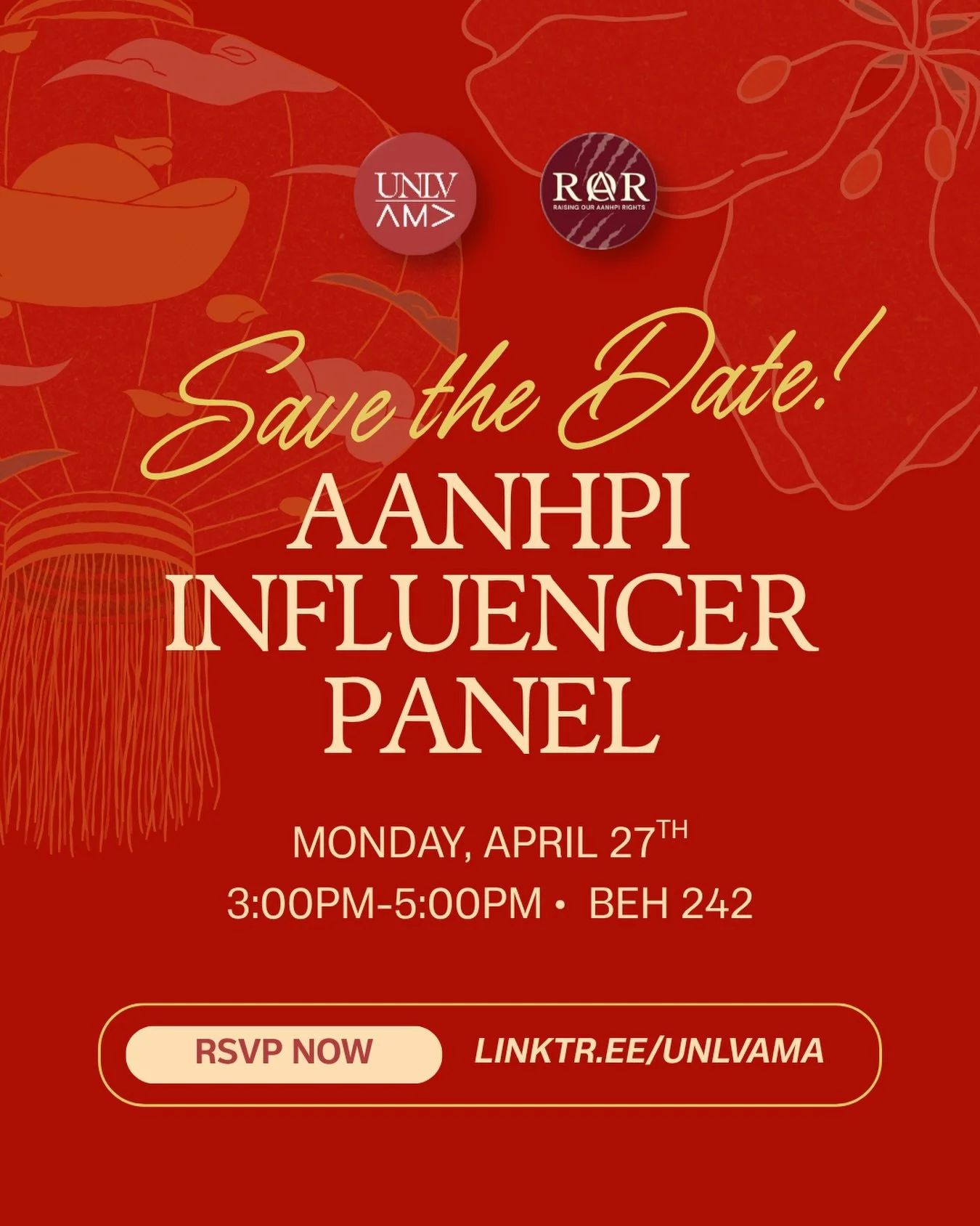 🫵SAVE THE DATE 🫵

Join UNLV AMA and ROAR for an AANHPI Influencer Panel 🌏

Join us for an inspiring conversation with Vegas AANHPI creators as they share their journeys, insights, and impact across industries. 📲

📅 Monday, April 27th ⏰ 3:00PM &n