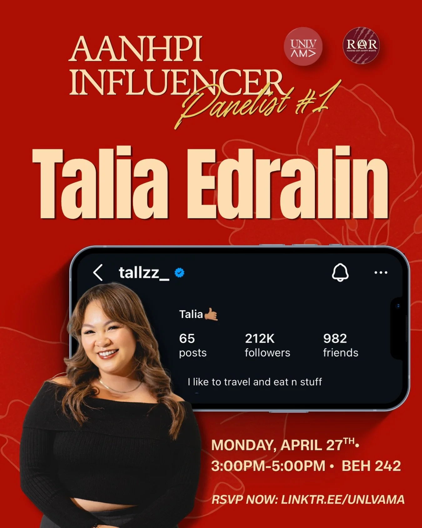 AANHPI Influencer Panel Reveal #1: Talia Edralin 🍴

SAY LESS ✨ @tallzz_ is a Las Vegas&ndash;based content creator and social media manager with 600K+ followers across TikTok and Instagram. She shares food, travel, and lifestyle content while highli
