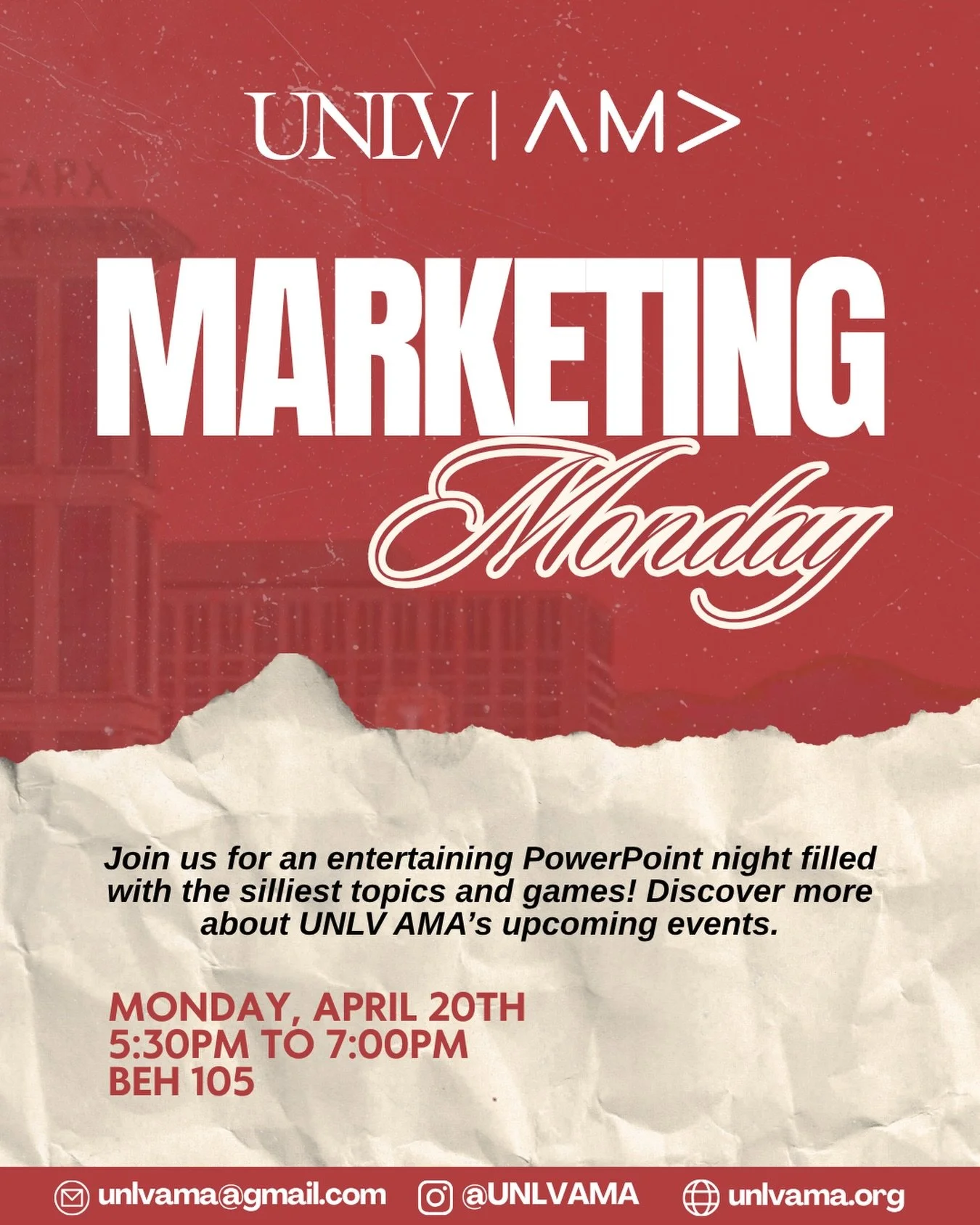 Canva PowerPoint Night

Do you have a fun topic or a hot take you want to present? Then join our upcoming PowerPoint Night Marketing Monday!✨

🗓️ Monday, April 20th 2026
⏰ 5:30 PM - 7:30 PM
📍BEH 105

Be sure to bring your own laptop or portable dev
