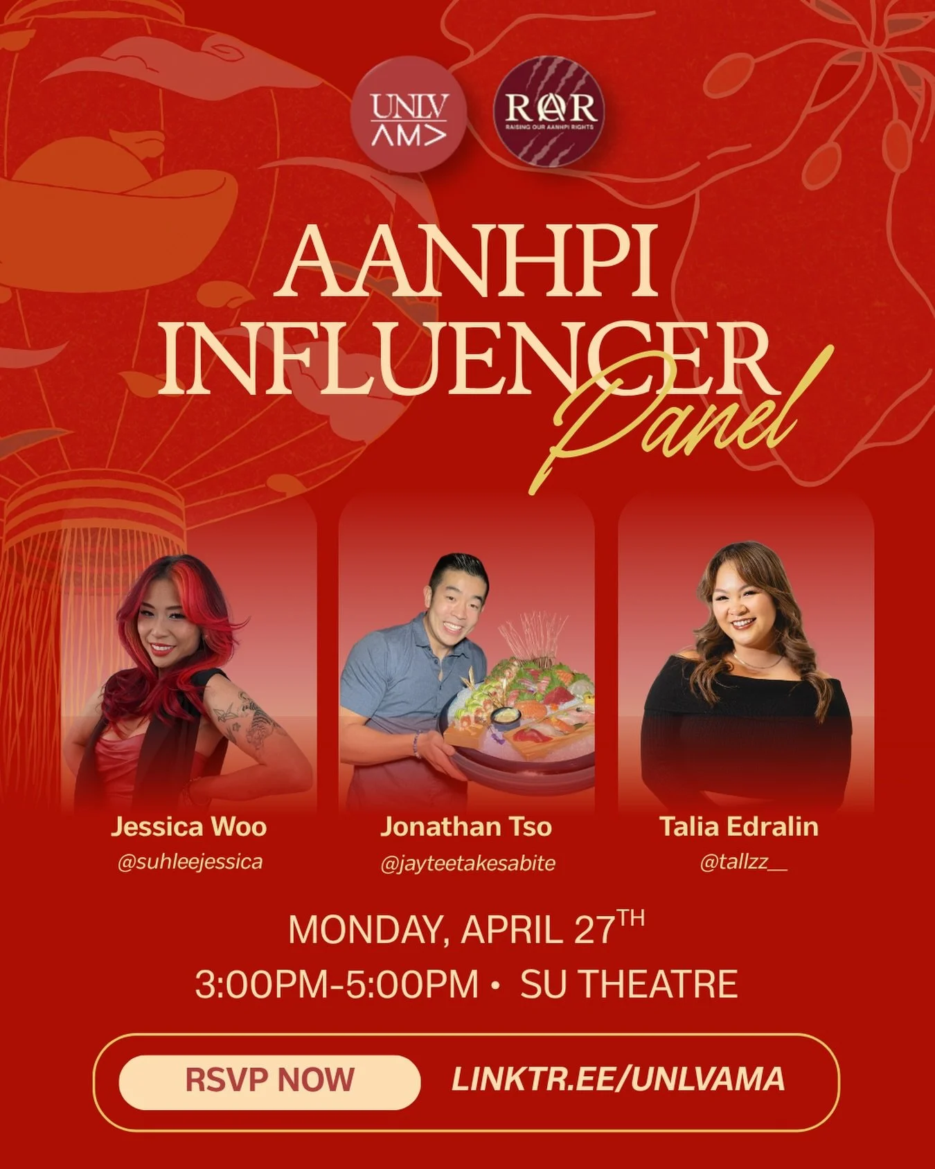 🚨LOCATION CHANGE 🚨

Join us for our AANHPI Influencer Panel ✨
Featuring Las Vegas&ndash;based AANHPI content creators shaping the digital space:

⭐️Jessica Woo @sulheejessica 
⭐️Jonathan Tso @jayteetakesabite 
⭐️Talia Edralin @tallzz_ 

From food a