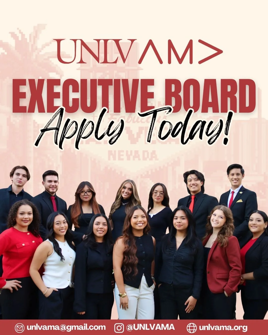 🚨E-Board Applications are still open!🚨

Want to level up your leadership skills and leave an impact on UNLV AMA? Then we want YOU to sign up for the UNLV AMA E-Board!⭐️

We are recruiting for Executive Board positions! From digital marketing to con
