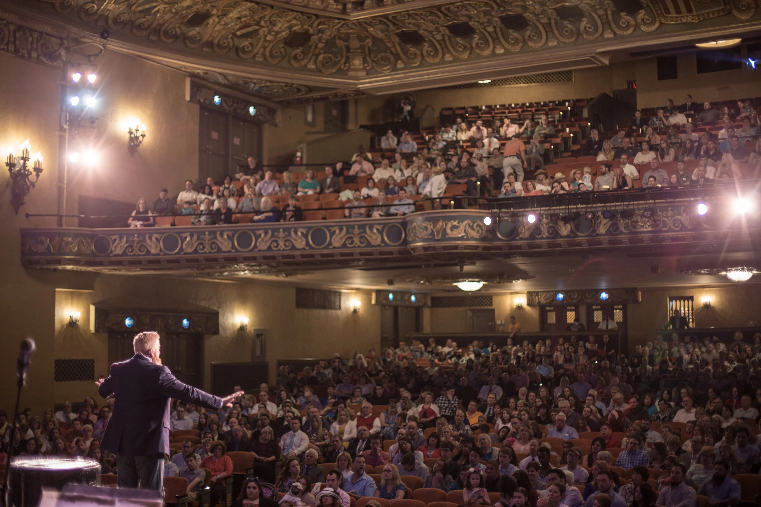 Pastor Tim Ackley preaching at Easton State Theatre