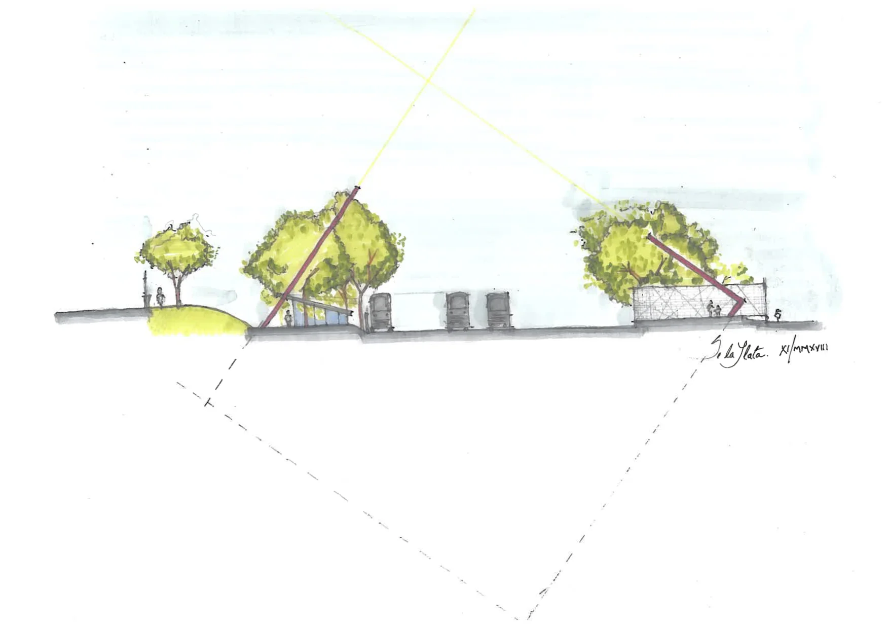 Project Idea for Coffee Park in Montreal. This image shows an example of Gestalt Theory as an urban design tool. Here, the two structures are located on both sides of the rail tracks and are constitute fragments of square. Both structures also shoot light and intersect above the rail. The observer completes the image and that creates a cognitive connection even when there is none at the material level. Source: Author: Silvano De la Llata. 10 November 2018, Montreal, QC.