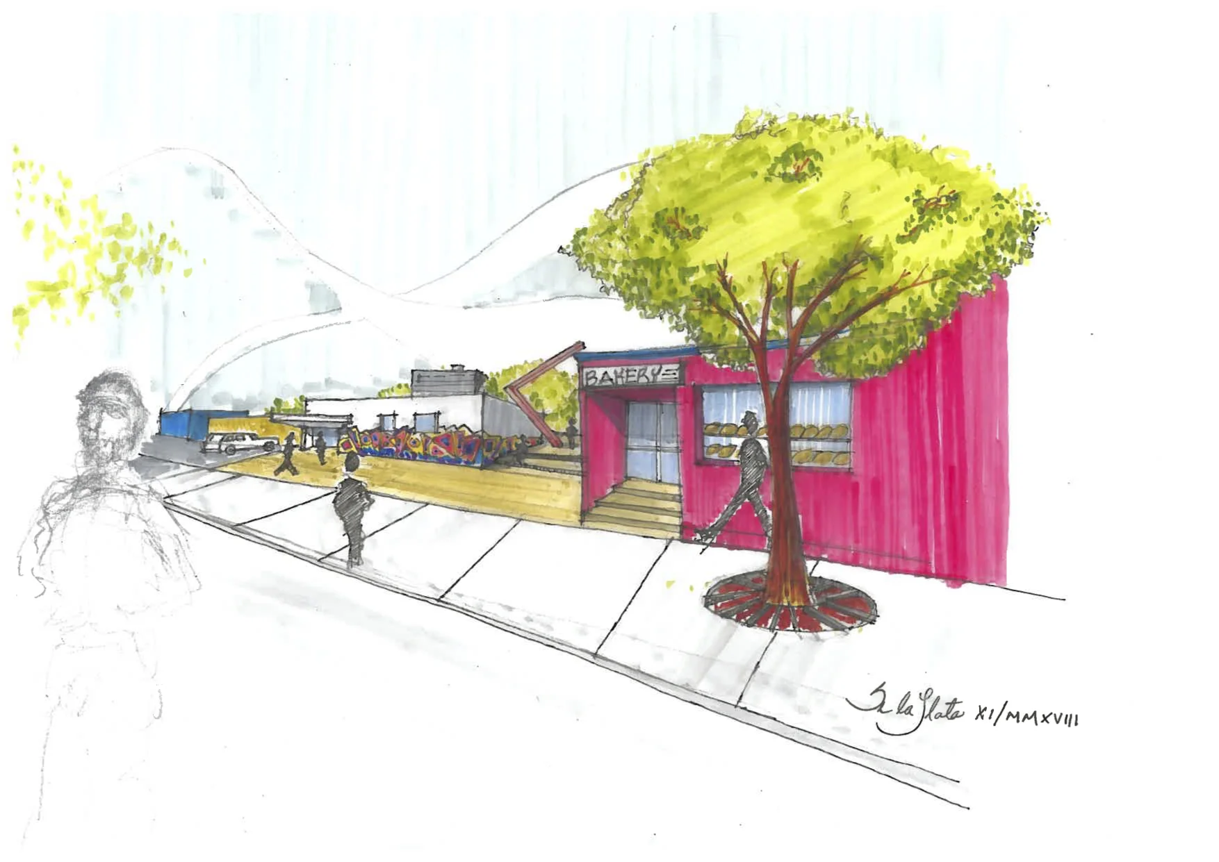 Project Idea for a public space in West Haven Community (across Coffee Park) in Montreal. Here, A public space is projected in an alleyway to link the bakery and the community center. The sculpture connects conceptually with its counterpart on the other side of the rail tracks. Source. Author: Silvano De la Llata. 10 November 2018, Montreal, QC.
