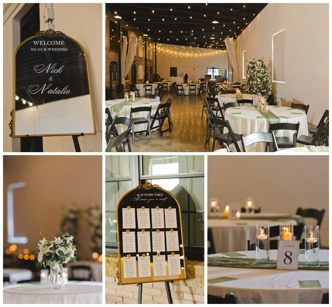 the venues at the factory wedding reception area set up with cafe lights, round tables and candles