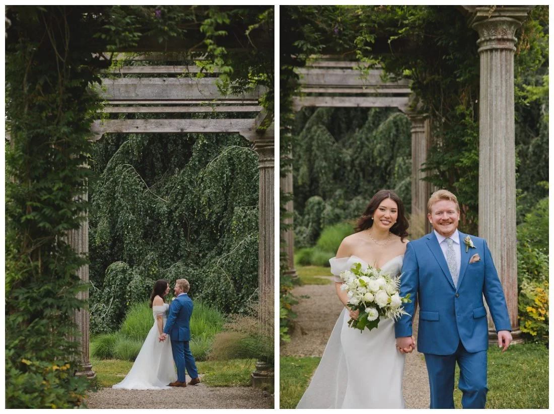 cloudy june wedding day surrounded by greenery in new england