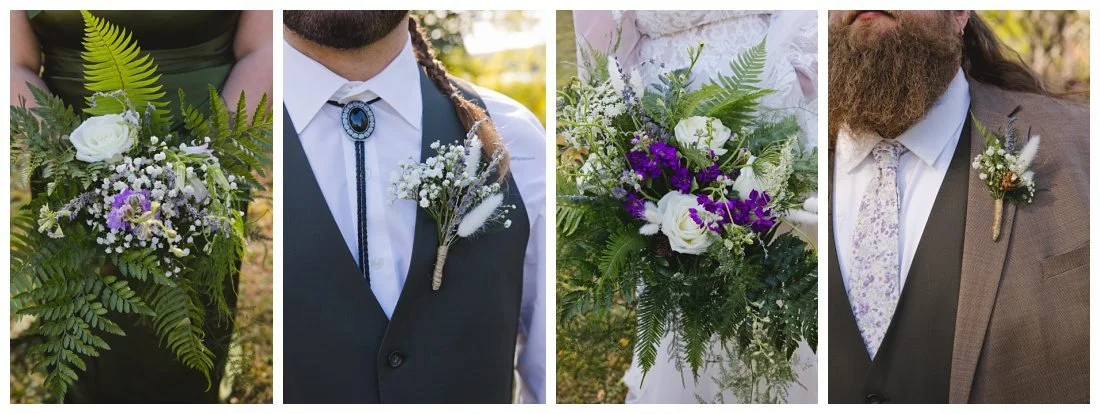 wedding bouquets with white and purple flowers, ferms and greenery