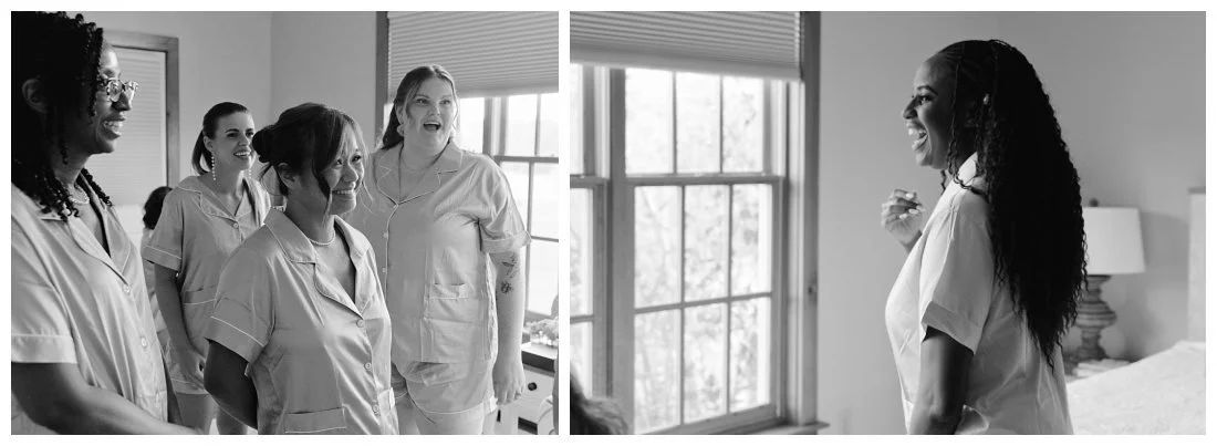 black and white photos of bride laughing with her bridemaids in pajamas