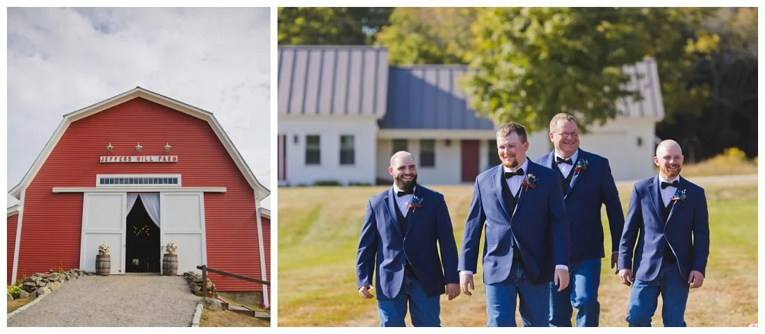 red barn at jeffers hill farm, groom arriving at the ceremony with his groomsmen