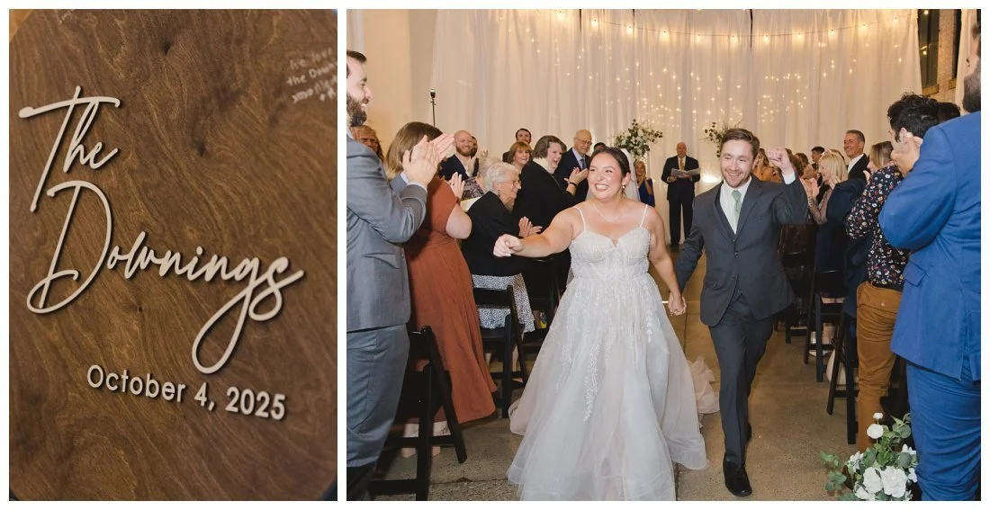 wooden sign etched with the name and wedding date of the couple as a sign in book for guests