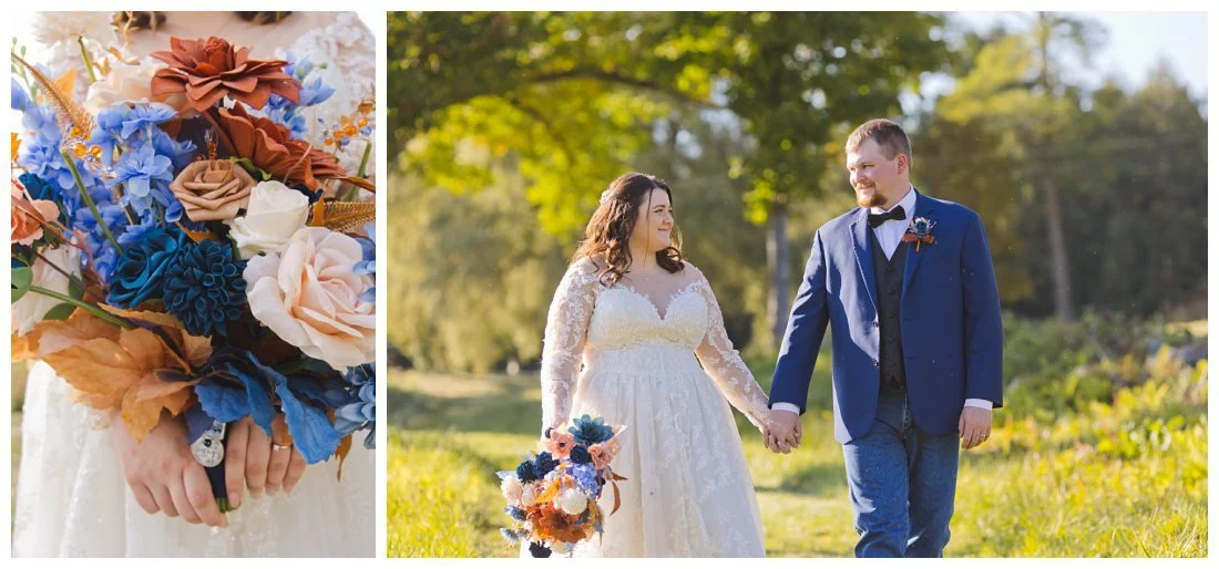 wedding couple walk with sun behind them in green field
