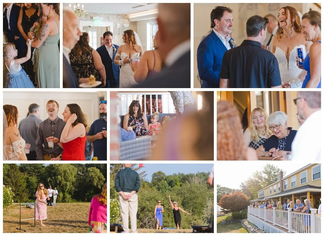 cocktail hour candid photos inside the bar area and outside with games and on the porch westbrook inn