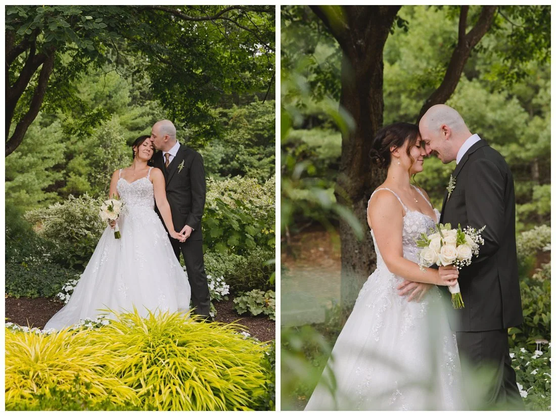 yellow grassy shrub in foreground of photos of bride and groom in gardens