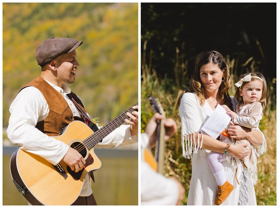 groom sings a song for his vows and plays the guitar