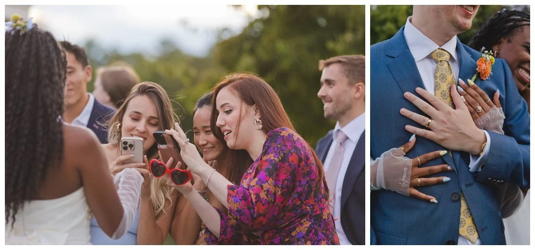 bride's friends take photos of her ring