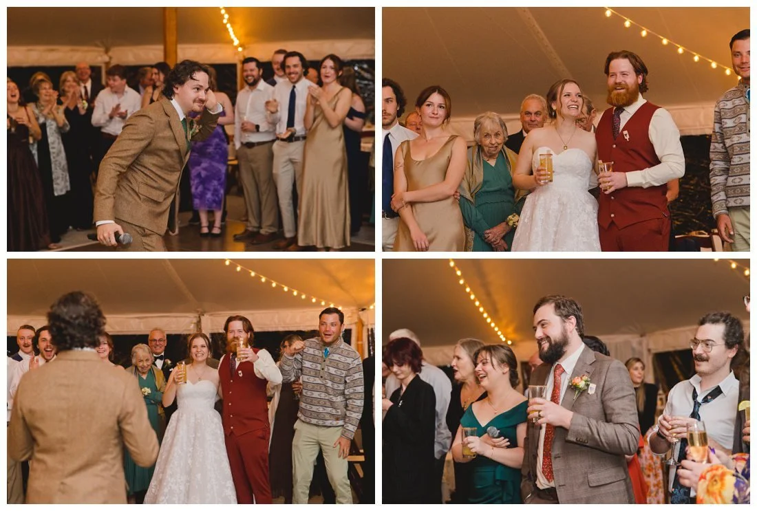 best man gives wedding speech, guests laughing, couple laughing and toasting