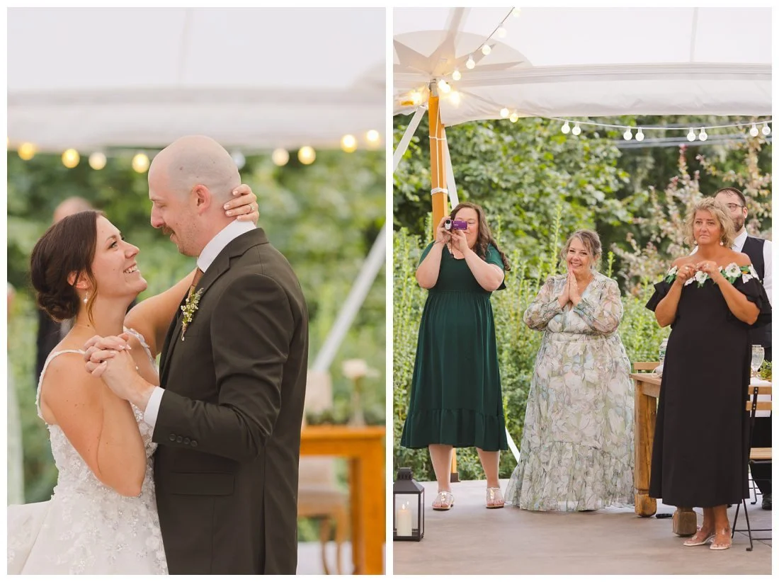 bride's mom looks on with hands clasped as bride and groom have their first dance