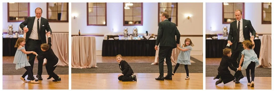 kids dancing with their dad and twirling around him during wedding reception