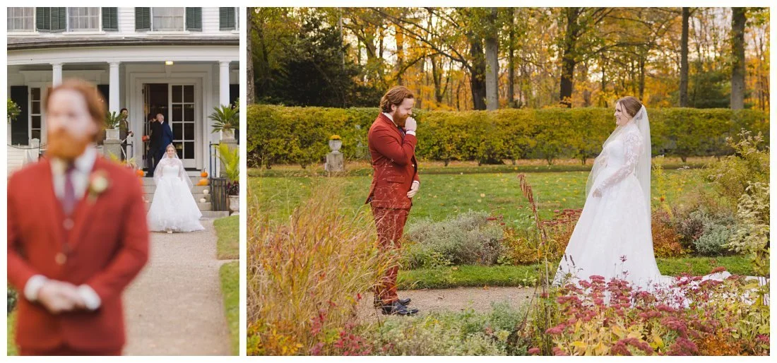bride and groom have their first look on the path in front of glen magna farms
