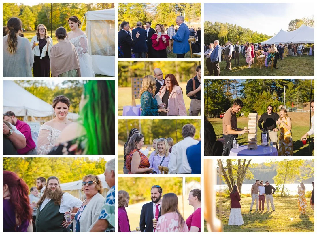 candid photos of guests enjoying cocktail hour outside of tent, playing games, talking and taking photos