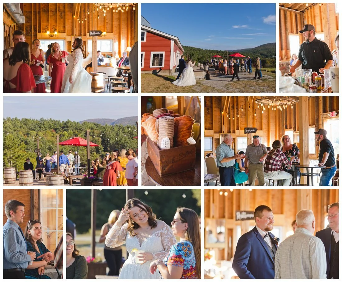 cocktail hour at jeffers hill farm, guests talking and laughing