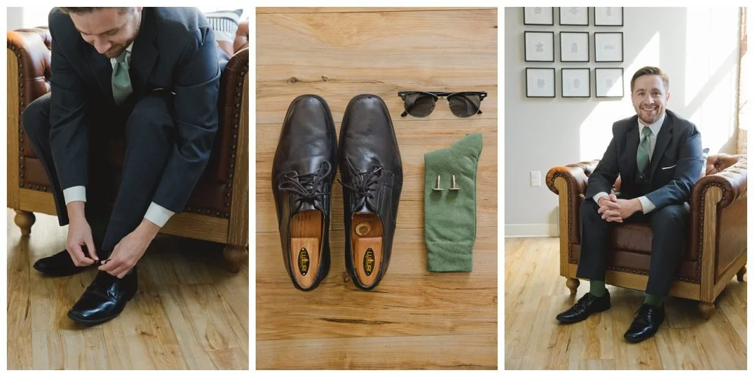 groom flatlay with shoes, socks, cufflinks and sunglasses; groom gets his shoes on