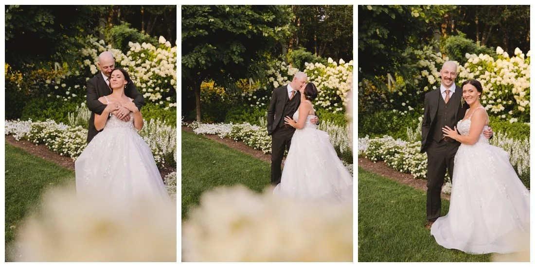 bride and groom in hydrangea garden at uncanoounc mtn