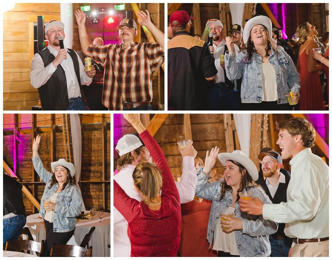 bride changes into tshirt and denim jacket with cowboy hat for reception party dancing