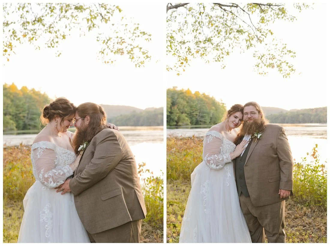 sunset golden hour photos of the bride and groom in front of the water lake winnipesaukee wedding