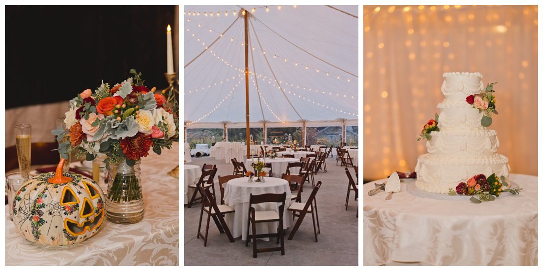 white four tiered wedding cake with flowers, pumkin and bouquet on head table, wide angle shot of tent set up
