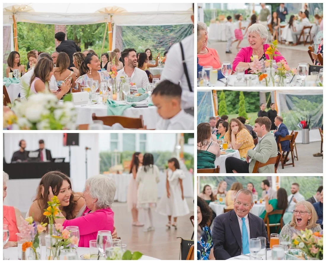 fun guests candid photos during dinner bride greeting them