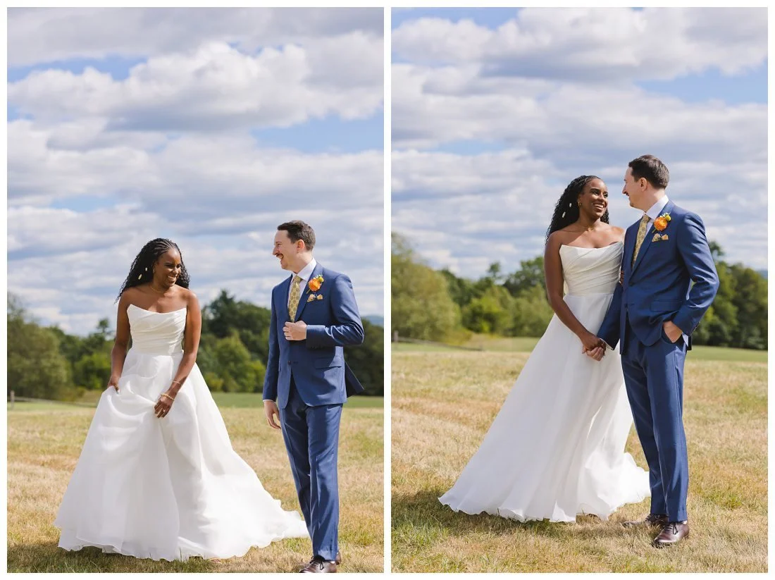 blue skies with big fluffy white clouds above the field at dell lea and the wedding couple hold hands and look at each other