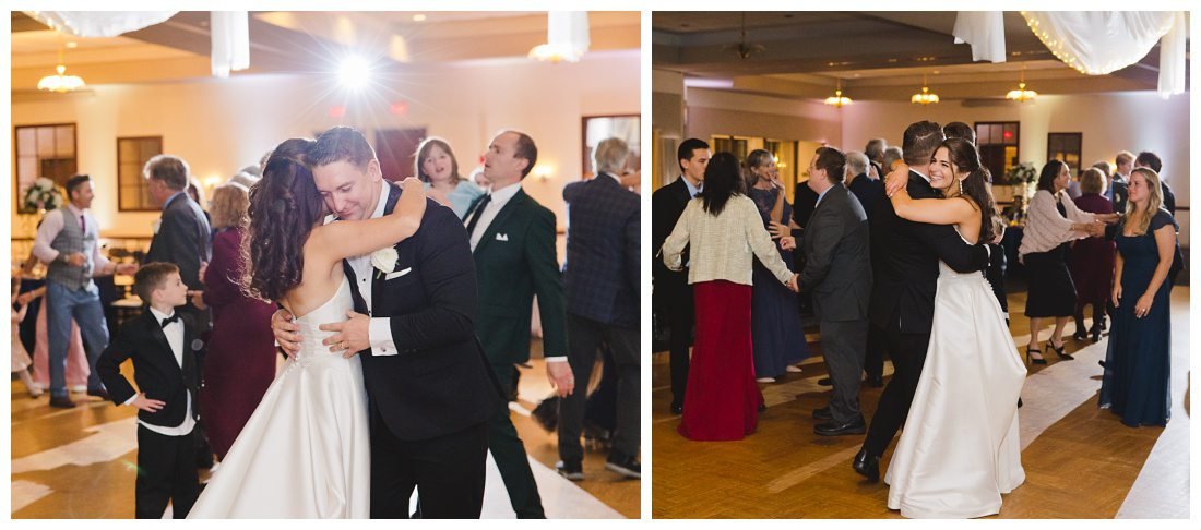 bride and groom hug each other while dancing during wedding reception