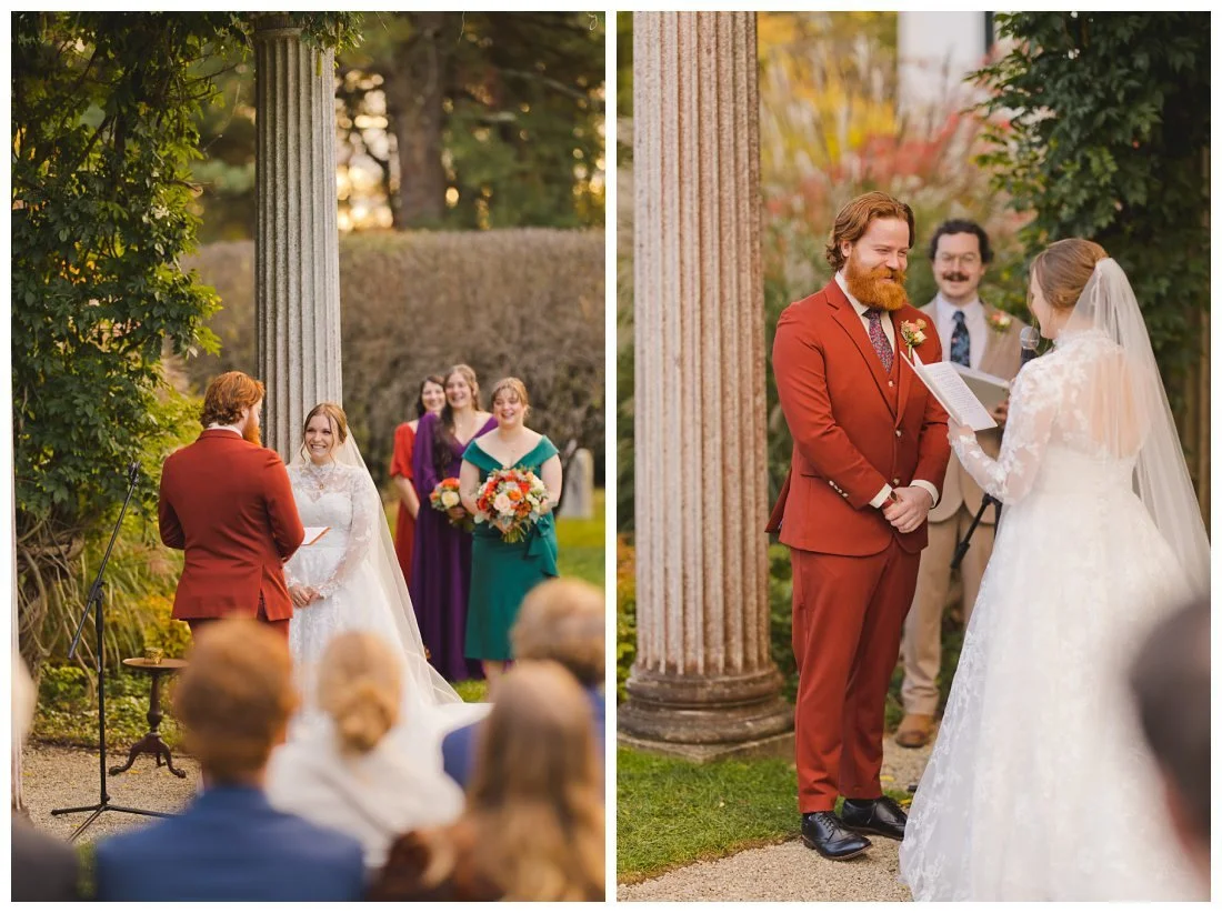 photos of bride and grooms reactions during wedding vows