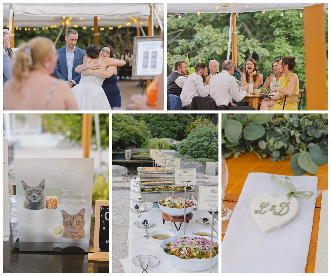 dinner buffet set up from common man, cookie favor on napkin, cats and cocktails