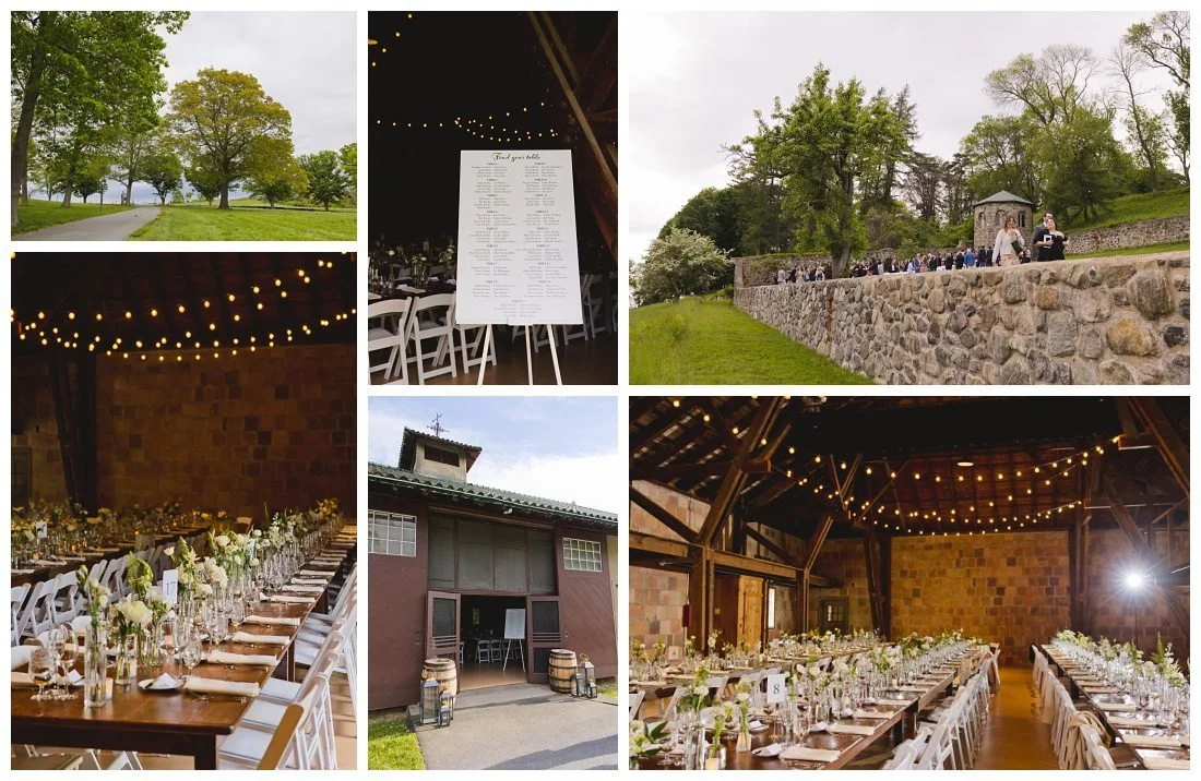 photos of interior and exterior of the barn at crane estate all set for the wedding reception