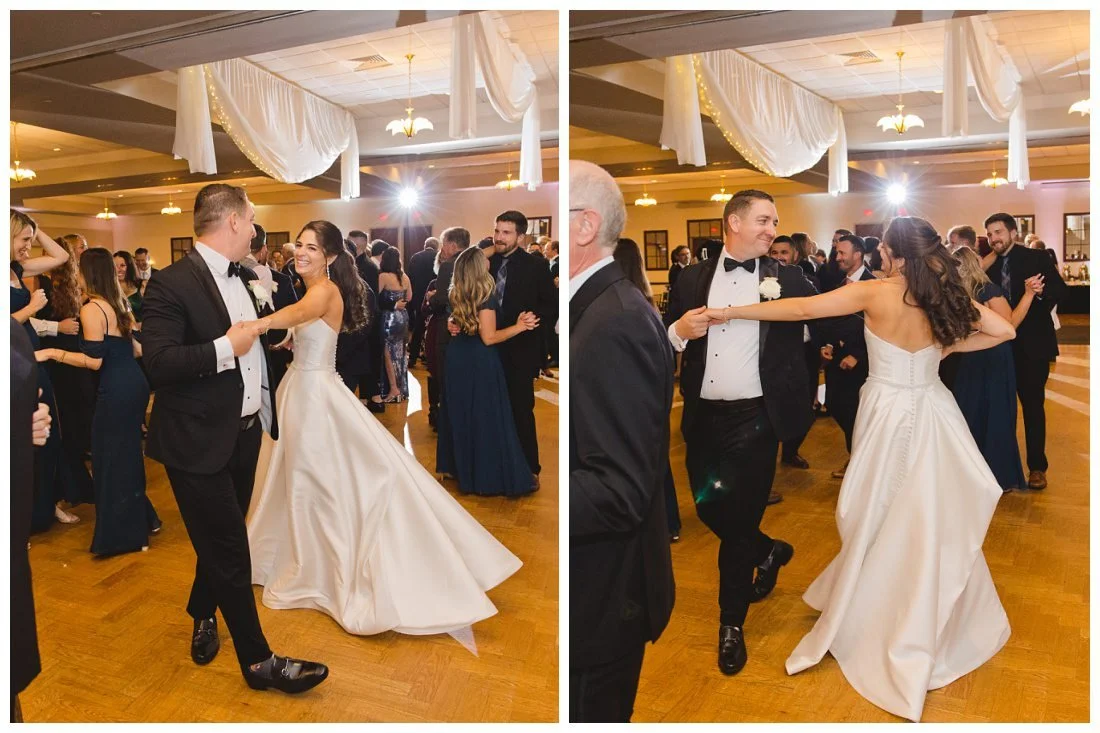 cute first dance wedding photos couple grin at each other while spinning around