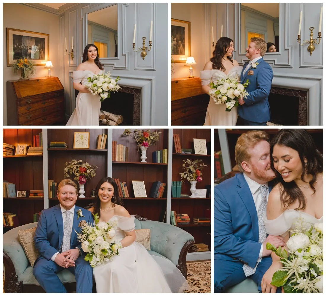 wedding photos in the library at glen magna farms in front of pale wall fireplace and blue velvet couch