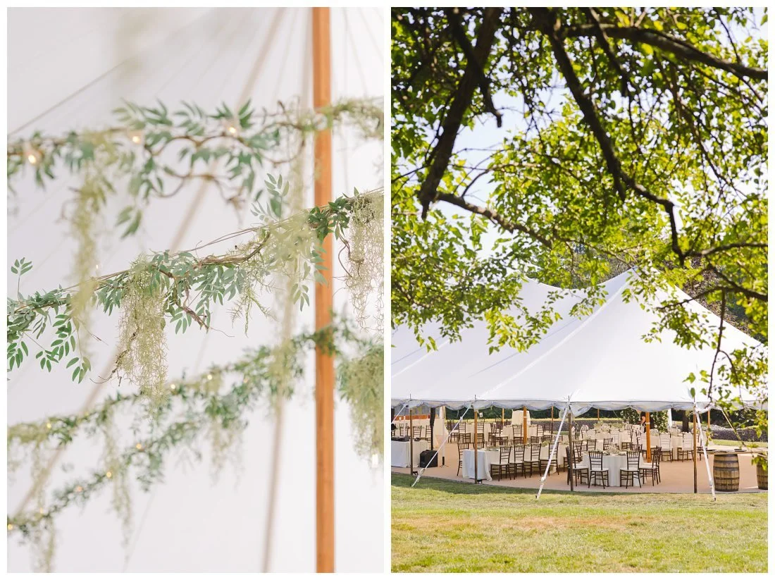 tent wedding details with greenery and twinkle lights threaded through