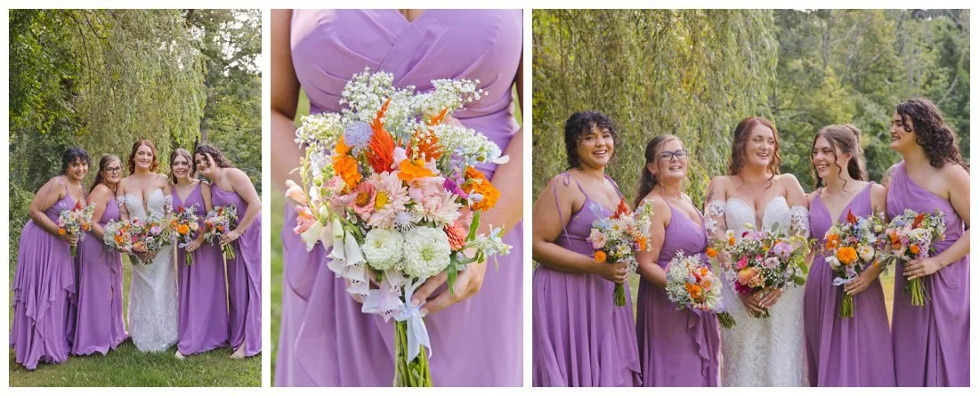 colorful bridal bouquets bridesmaids in purple dresses