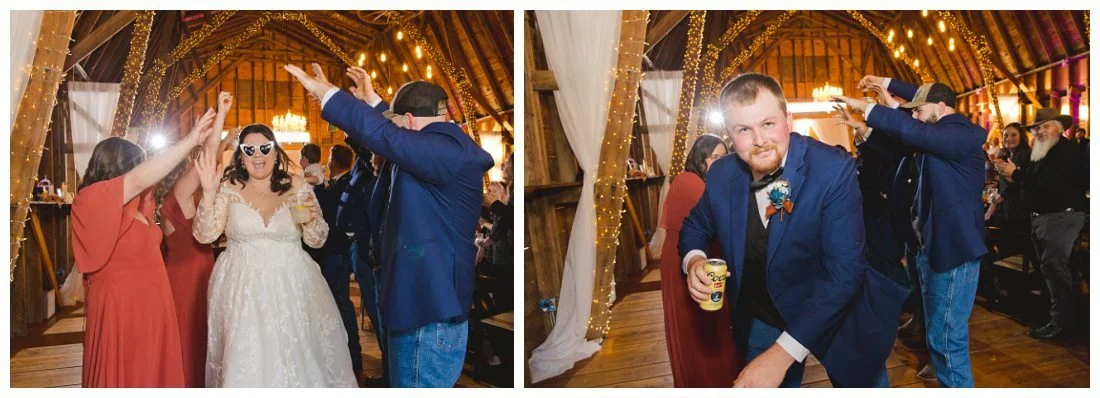 wedding couple go through tunnel of their wedding party to enter their wedding reception