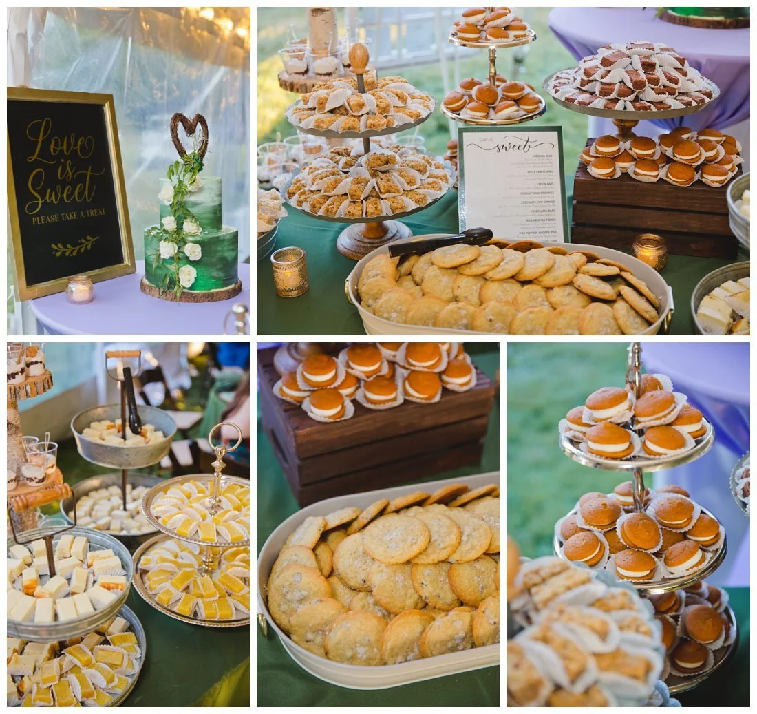 beautiful dessert buffet with cookies, cheesecake, pudding and other treats on tiered stands
