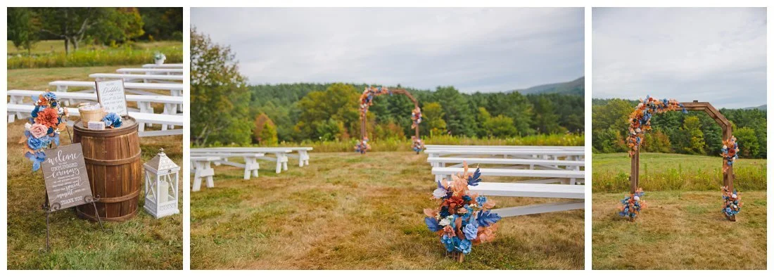 arbor with flowers for wedding ceremony, white benches for guests, welcome sign with barrel