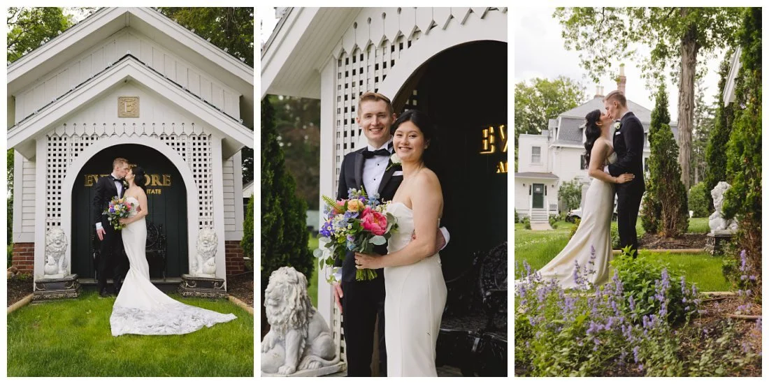 bride and groom kiss in front of small white building with the words evermore behind them