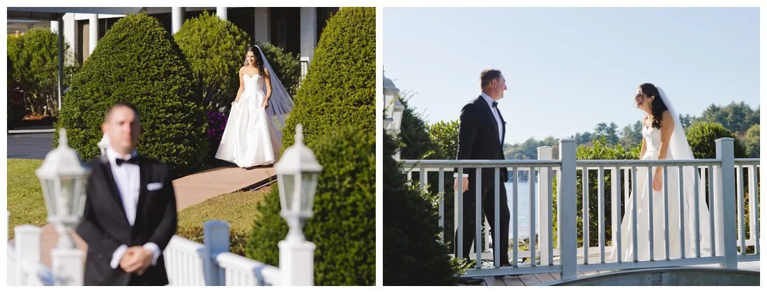 bride and groom have first look on the bridge at castleton